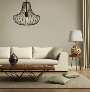 Rendering of a Beige contemporary modern sofa with green cushions
